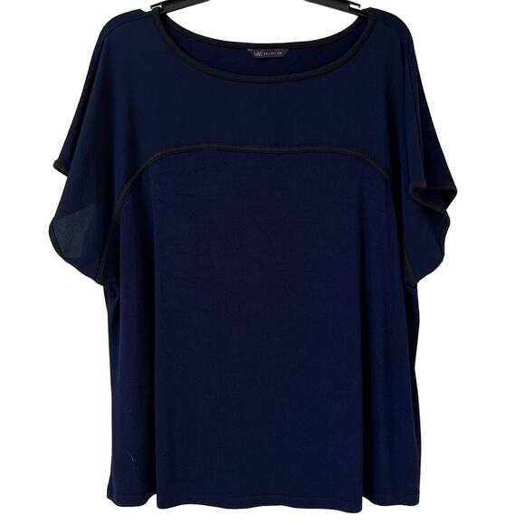 M & S Collection, XL Navy Blue Scoop Neck Batwing Top with Black Piping - Picture 1 of 2